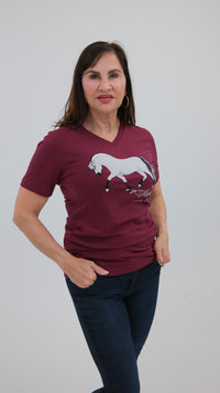 Norwegian "Grey" Fjord Horse V-neck Tee Burgundy