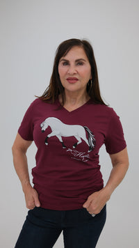 Norwegian "Grey" Fjord Horse V-neck Tee Burgundy