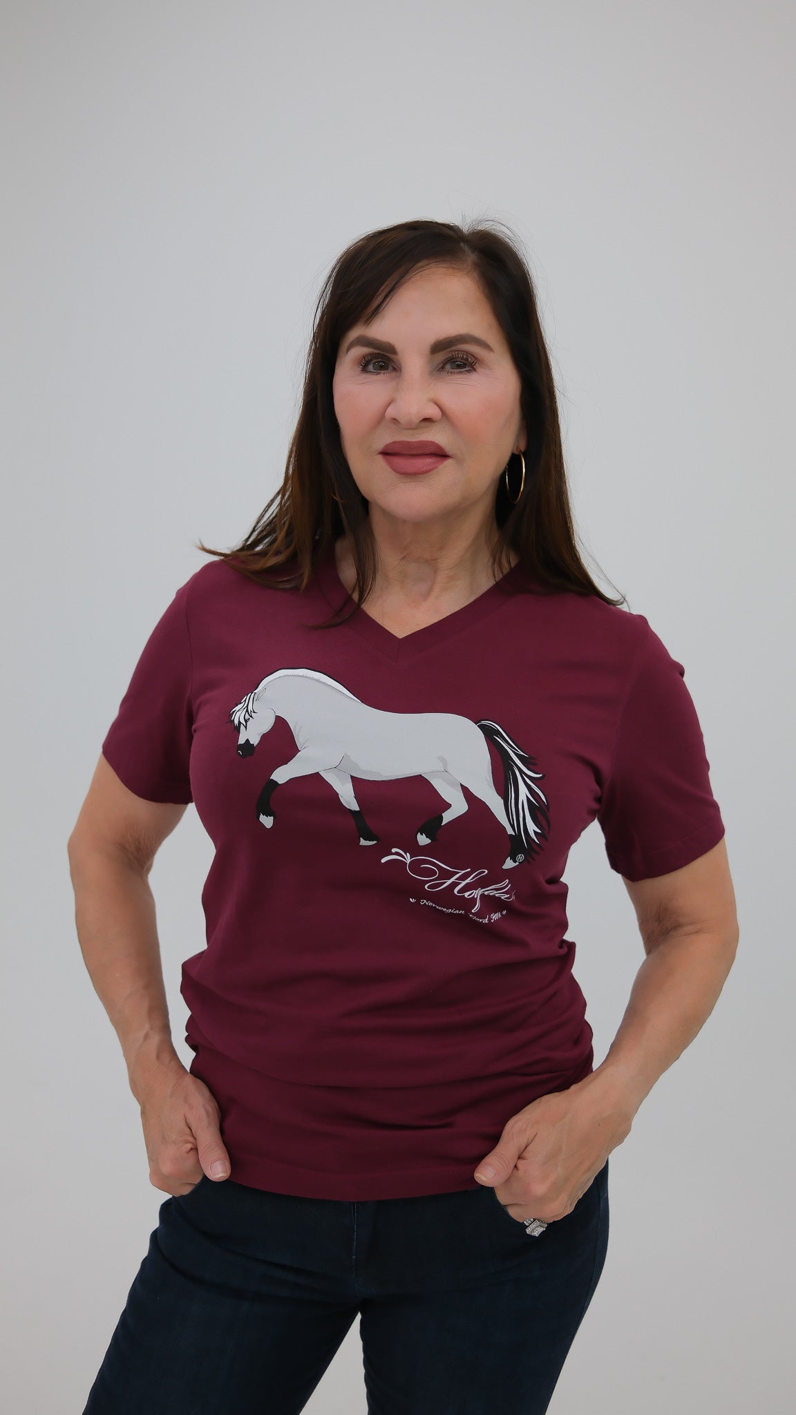 Norwegian "Grey" Fjord Horse V-neck Tee Burgundy
