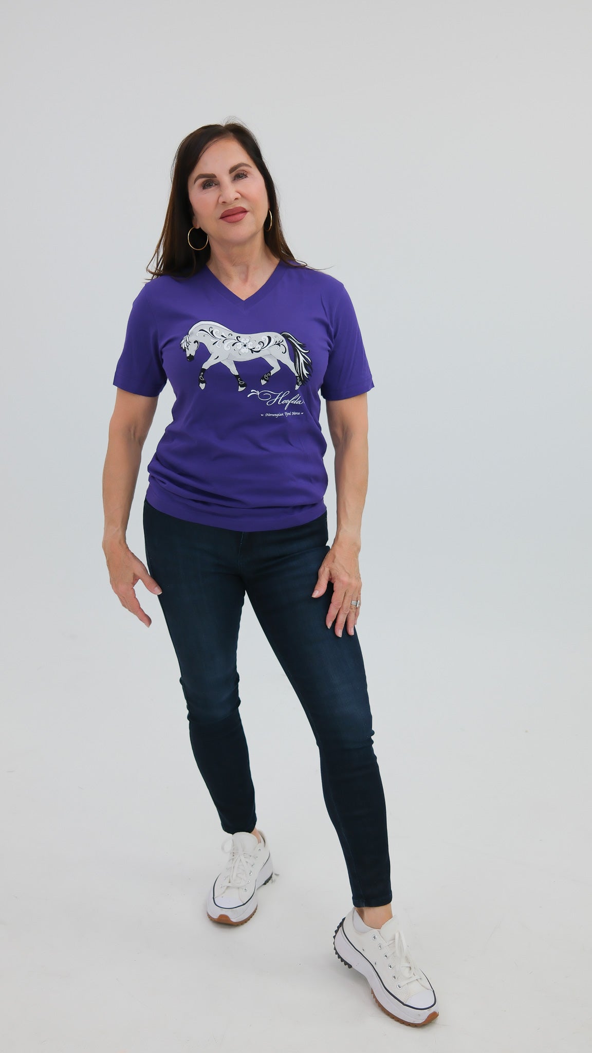 Norwegian "Grey" Fjord Horse V-neck Purple with Rosemaling