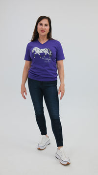Norwegian "Grey" Fjord Horse V-neck Purple with Rosemaling