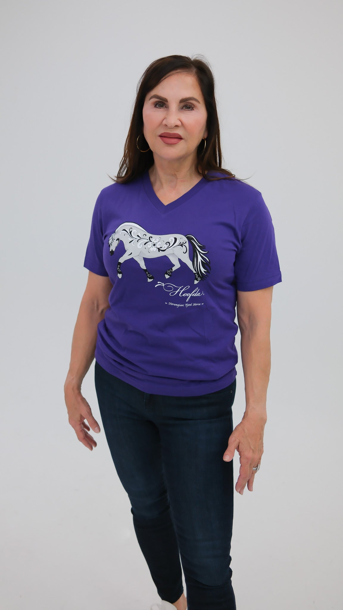 Norwegian "Grey" Fjord Horse V-neck Purple with Rosemaling