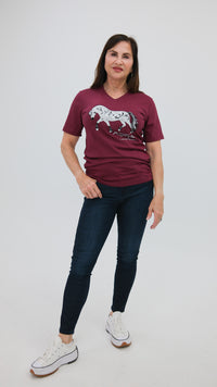 Norwegian "Grey" Fjord Horse V-neck Burgundy with Rosemaling