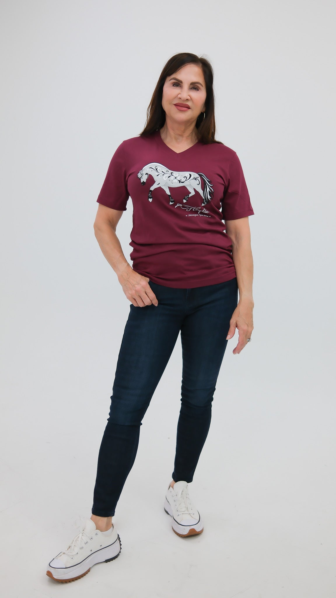 Norwegian "Grey" Fjord Horse V-neck Burgundy with Rosemaling