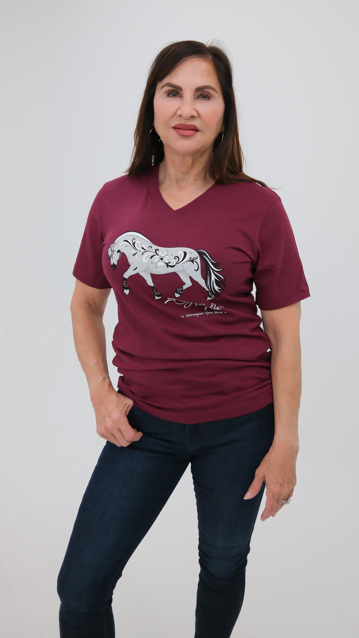 Norwegian "Grey" Fjord Horse V-neck Burgundy with Rosemaling