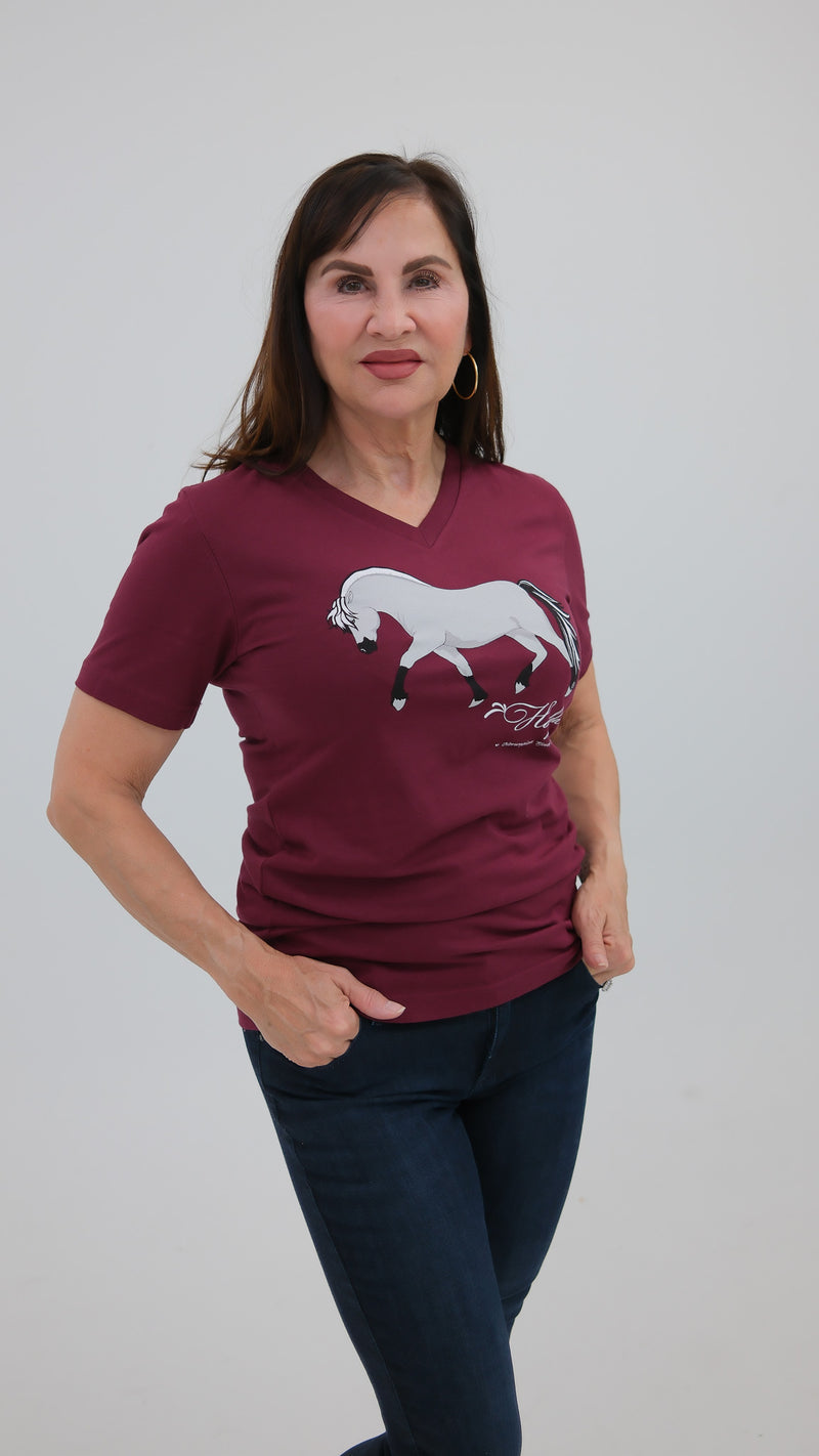 Norwegian "Grey" Fjord Horse V-neck Tee Burgundy
