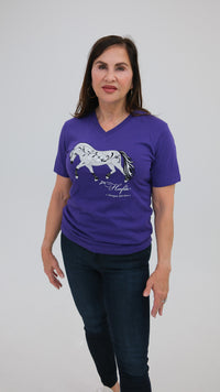 Norwegian "Grey" Fjord Horse V-neck Purple with Rosemaling