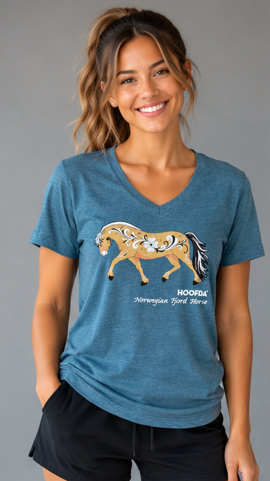 Norwegian Fjord Horse Rosemaling Teal v-neck