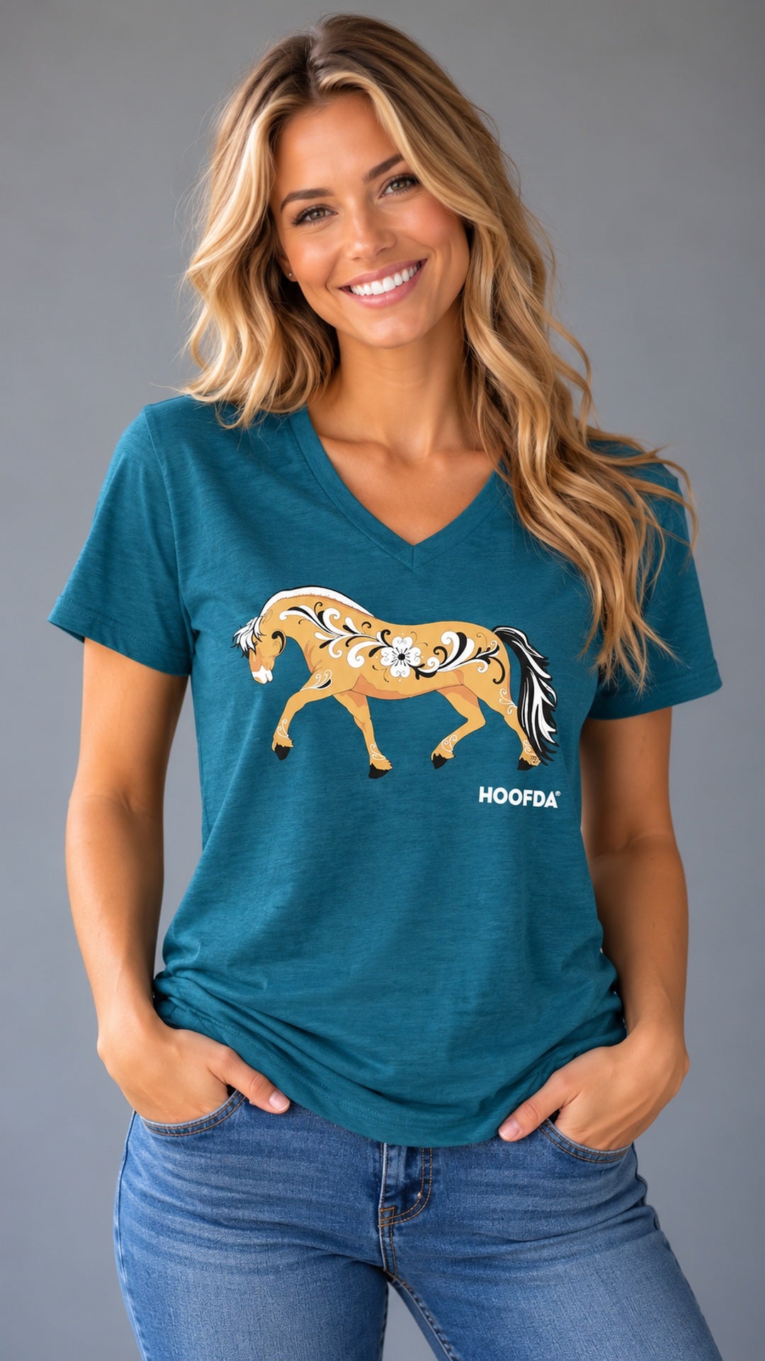 Norwegian Fjord Horse Teal v-neck