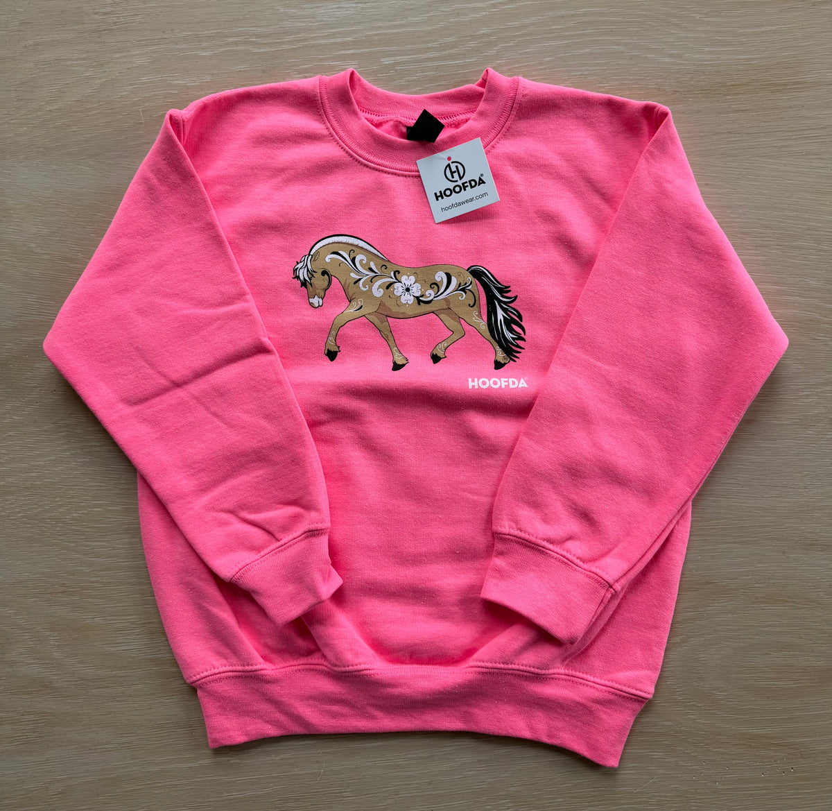 Youth Norwegian Fjord Horse with Rosemaling Hot Pink Crew Neck Sweatshirt
