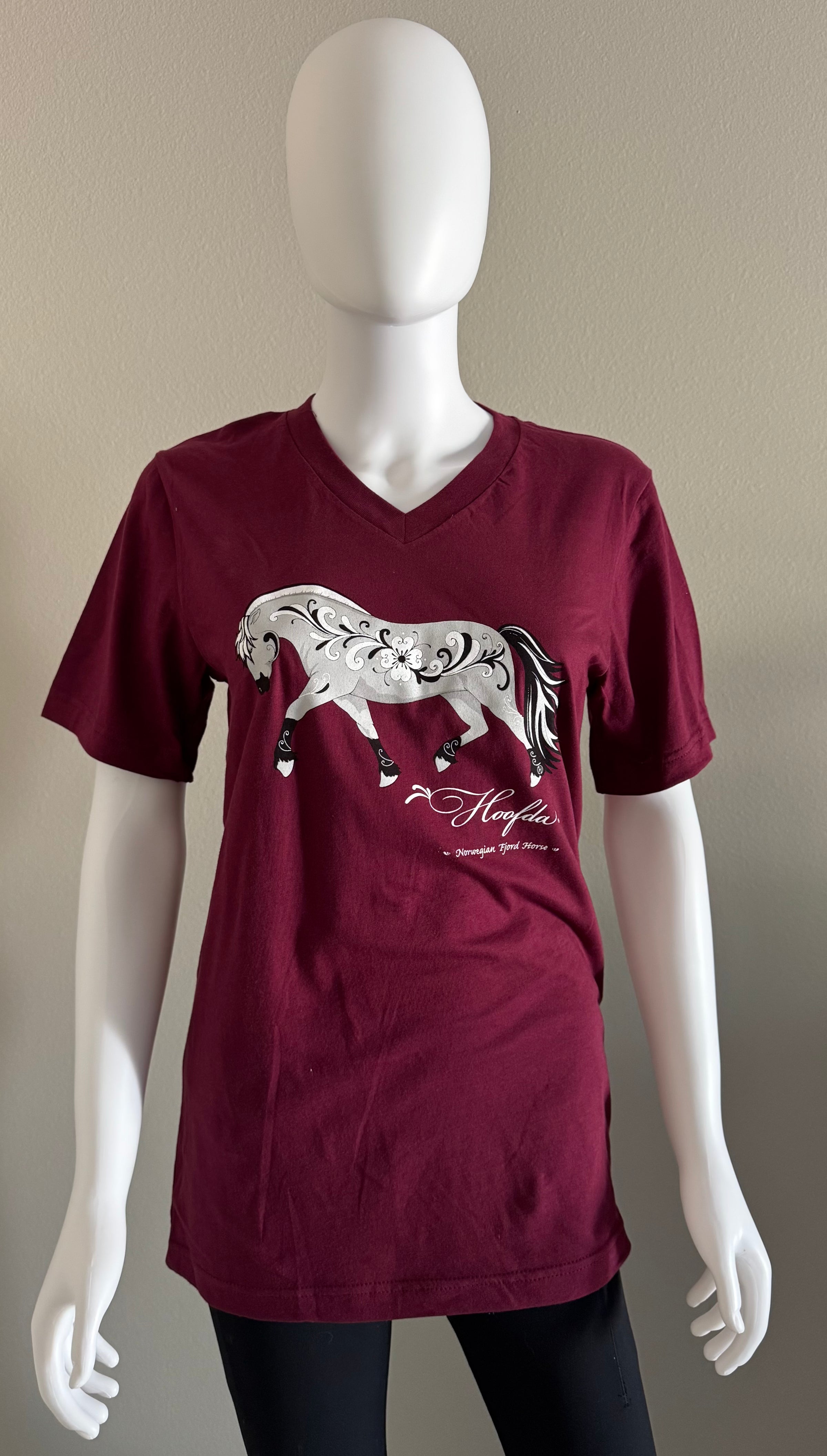 Norwegian "Grey" Fjord Horse V-neck Burgundy with Rosemaling