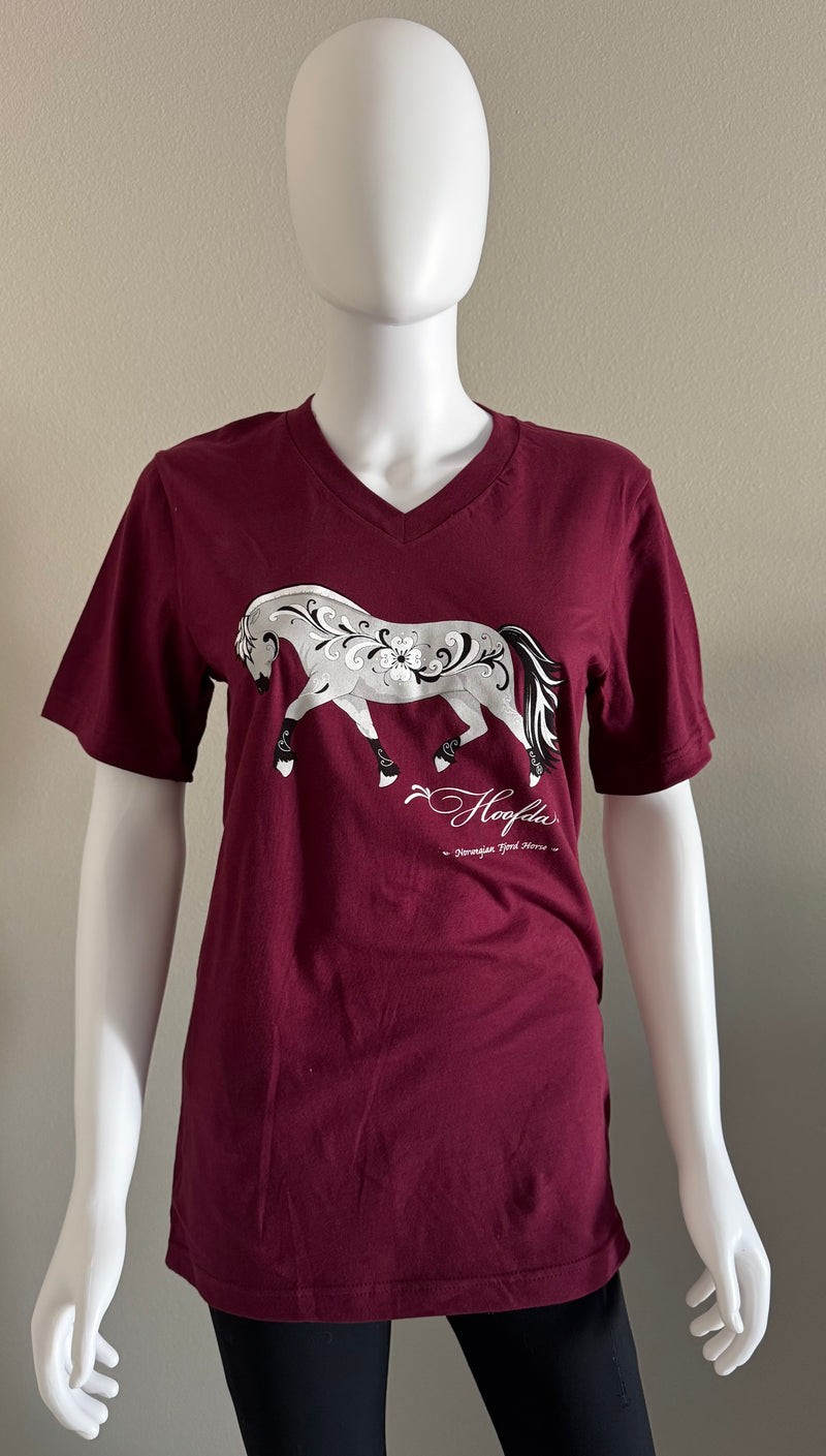 Norwegian "Grey" Fjord Horse V-neck Burgundy with Rosemaling