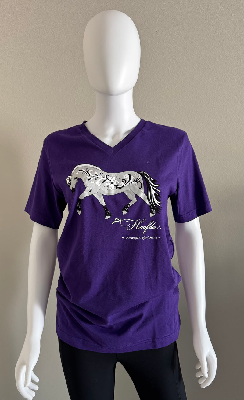 Norwegian "Grey" Fjord Horse V-neck Purple with Rosemaling